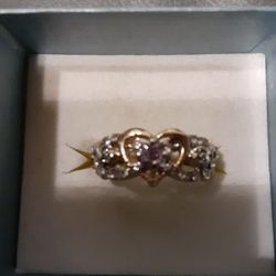 Two Toned Gold Plated Heart Ring Embellished  With Pink Center Stone And CZ Stones