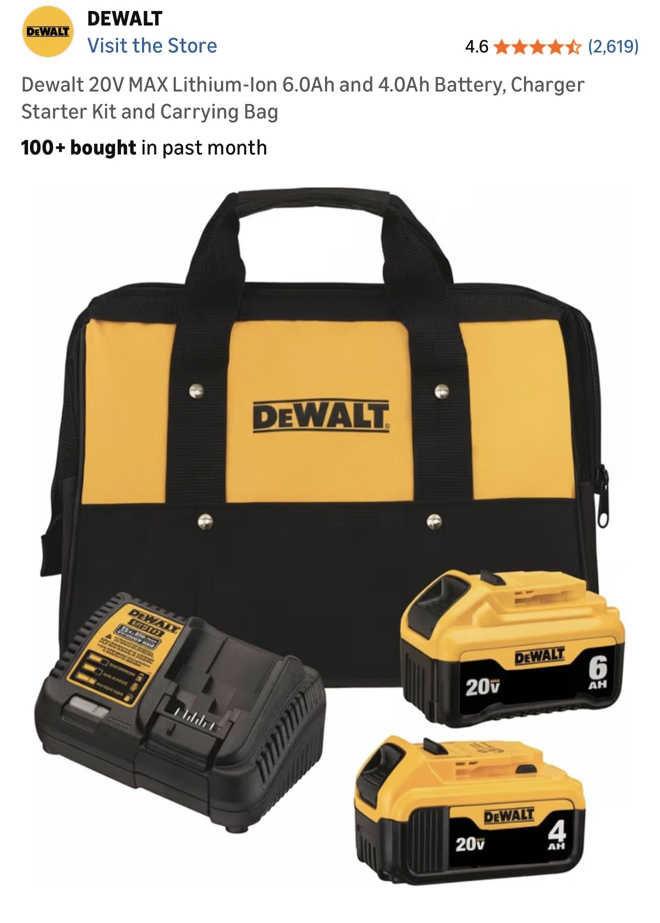 Dewalt 20V MAX Lithium-Ion 6.0Ah and 4.0Ah Battery, Charger Starter Kit and Carrying Bag
