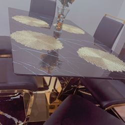 Black Dining Room Table Set for 6, 71” Faux Marble Dining Table Set for 6, Rectangle Kitchen Table Set with Black PU Leather Chairs, Gold Dinner Table
