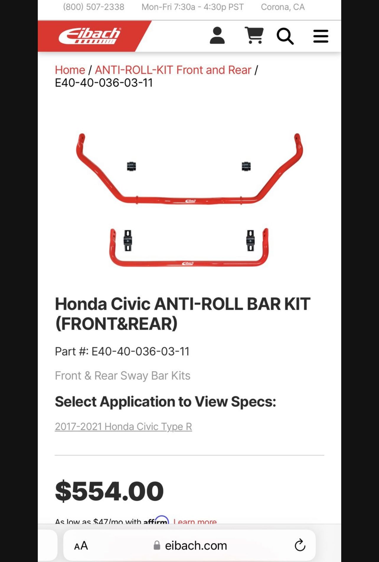 Honda Civic Type R FK8 Eibach Anti Roll Sway Bar Kit