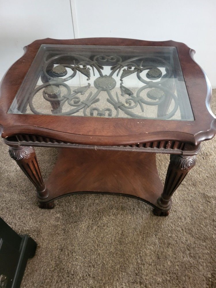 2 Heavy Solid Wood And Glass End Tables. Great Condition