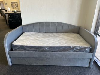 Gray Velvet Daybed with Trundle and Mattress
