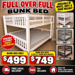 Full over Full bunk bed. Dark walnut,grey & white-$499. Full mattresses -$125.00 each. Assembly not included. Taxes included. Free delivery.  Se habla