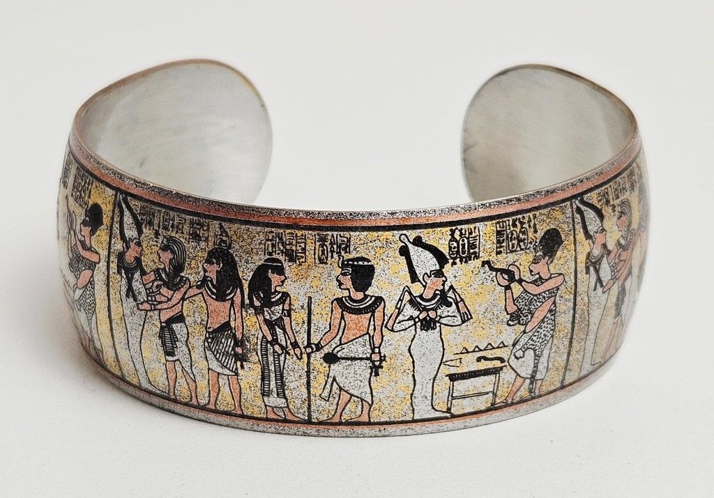 Vintage Reed & Barton Damascene Cuff Bracelet Egyptian Bronze/Gold/Silver Tone