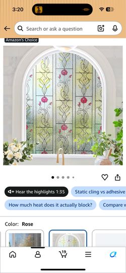 Window Privacy Film Stained Glass Frosted Glass Films Decorative Window Film with Rose Flower Static Cling Non-Adhesive Stickers Heat Control for Home
