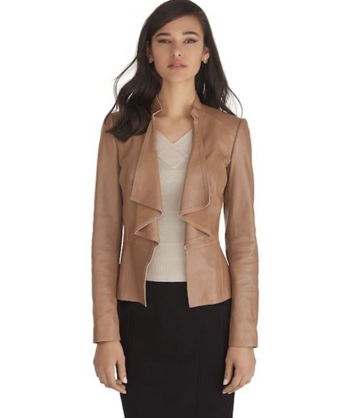 White House Black Market Long Sleeve Ruffle Lapel Soft Leather