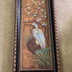 Vintage Original oil painting white Crane bird and trees