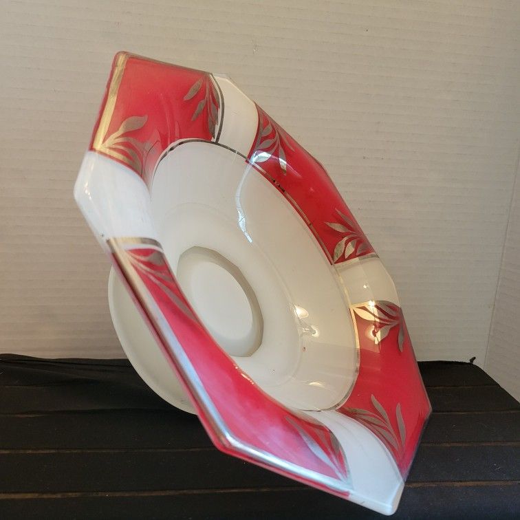 1930s Indiana Glass Art Deco Pedastal Bowl Moderne Classic Red Silver White 10"
