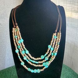 Lucky Brand Turquoise & Silver Bead Layered Necklace – Adjustable Cord, Boho Style