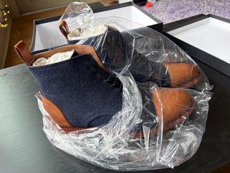 TAFT Navy Wool and Tan Leather Lace-Up Boots