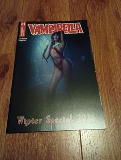 The product is a cover for the Vampirella Winter Special 2026 #1 comic book featuring the character Winter and the iconic vampire girl, Vampirella. Th