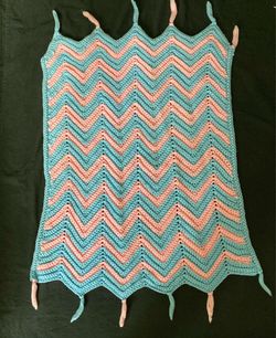 Vintage Crochet Reversible Chevron Zig Zag Pink and Blue Blanket 23”x23”