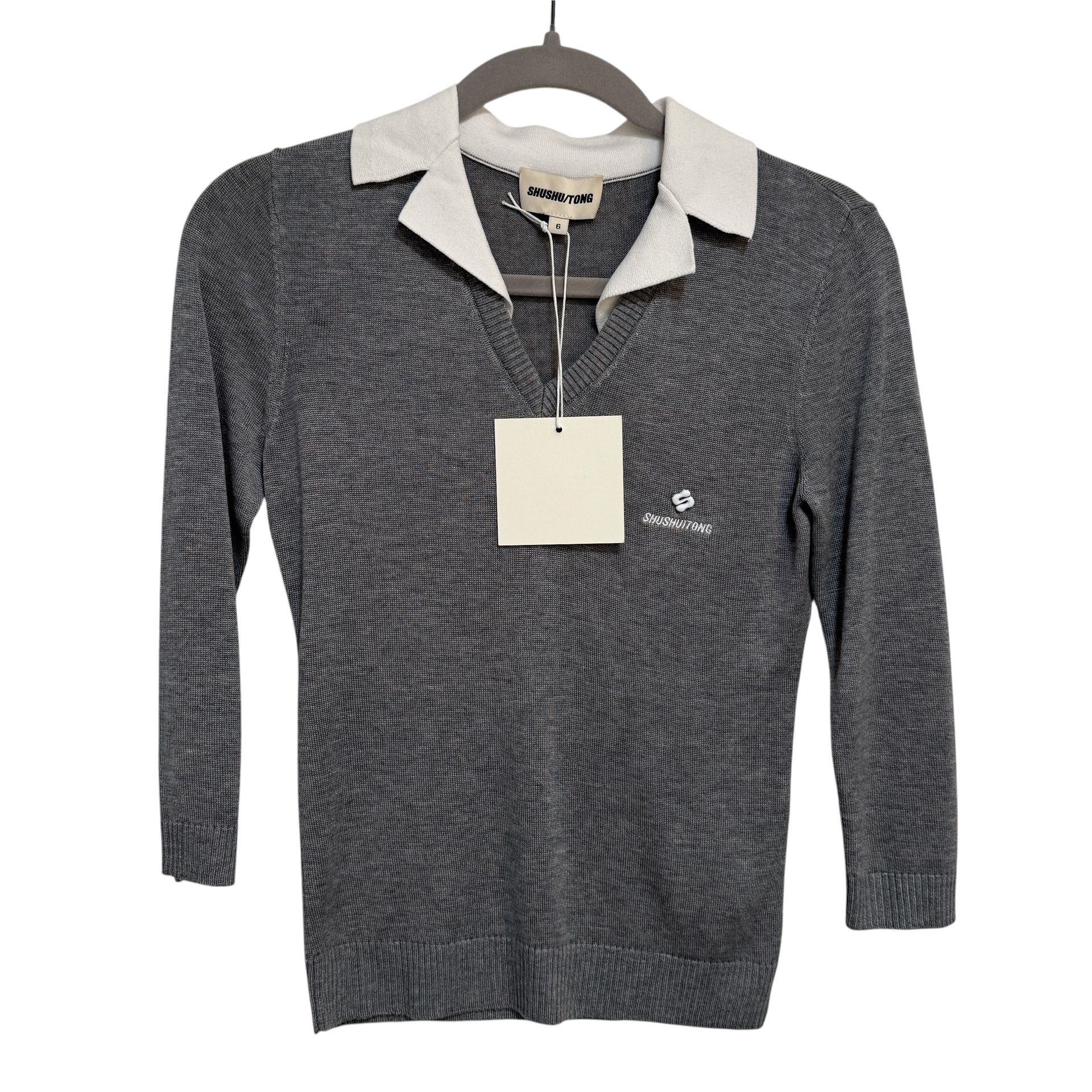 SHUSHU/TONG Gray Contrast Collar Sweater New