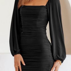 Women's Lantern Sleeve Ruched Bodycon Dress Dresses