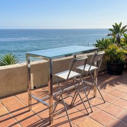 Glass & Chrome High Table + 2 Chairs