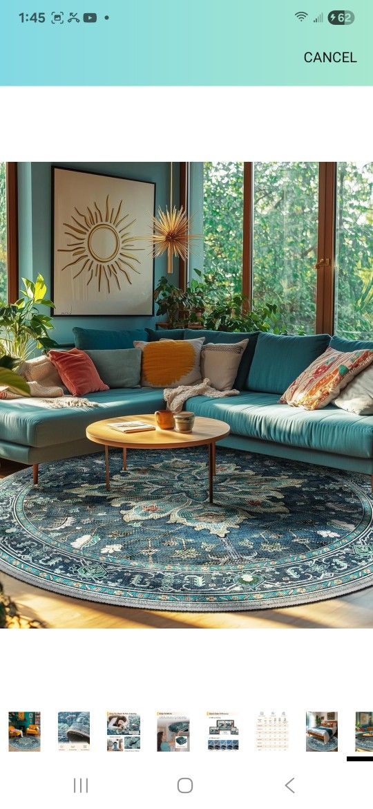 Area Rugs 8ft Washable Non-Slip, Floral Vintage Distress Print Pattern Medallion Carpet for Living Room Bedroom Dining Room, Teal Green Lake Blue