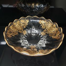 11" Gold Floral Overlay Clear Glass Footed Centerpiece Bowl