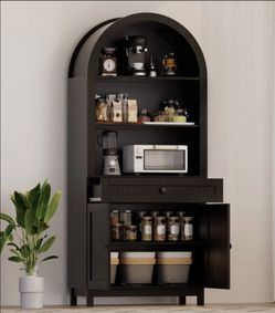 Modern tall arched kitchen pantry storage cabinet, bookshelf, new