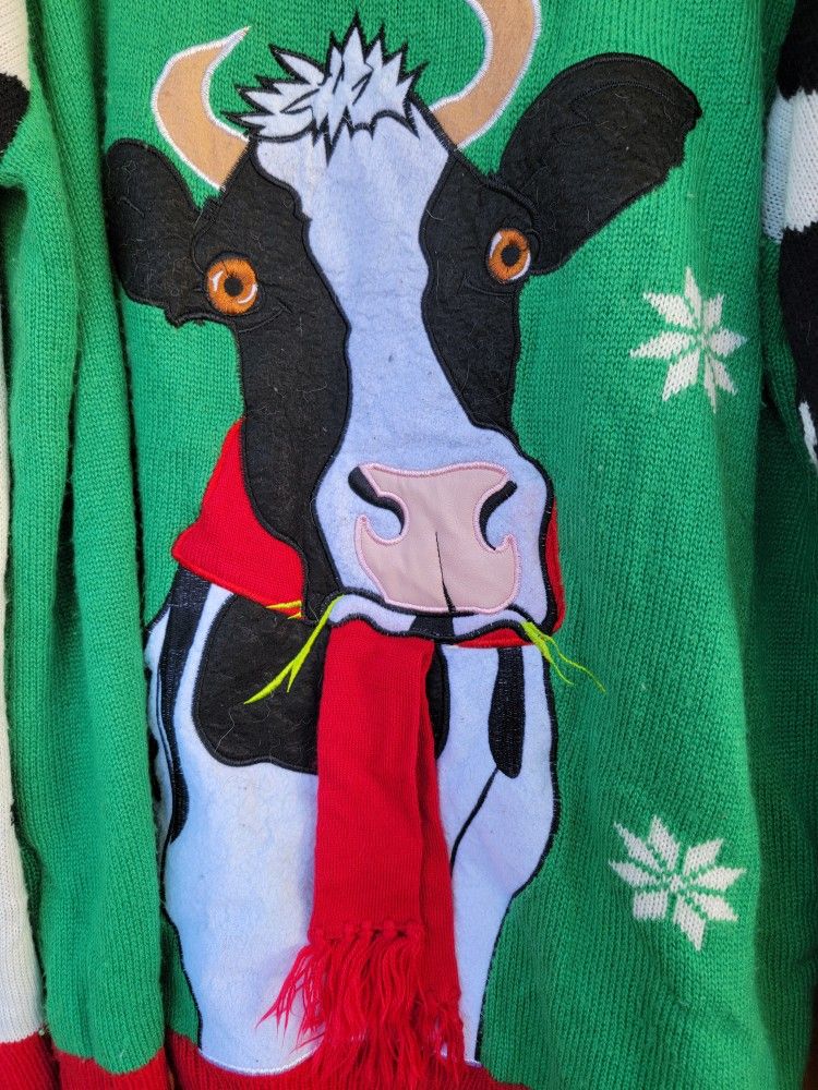 Cow Mens Ugly Christmas Sweater Size xxl Bell Scarf Holiday Jolly Snowflake Animal