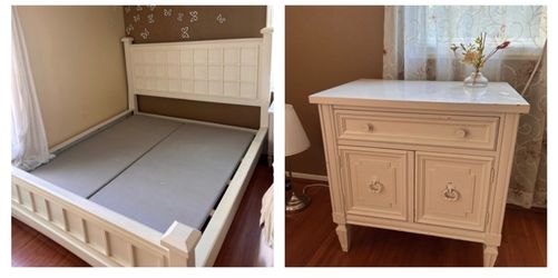 Cal King White Bed Frame + Side Table – $100
