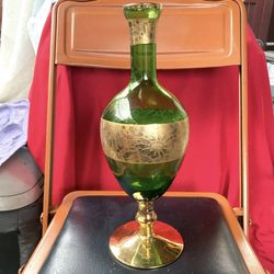 Vtg Venetian Hand-Blown Emerald Green Glass & Gold Decanter w/o Top