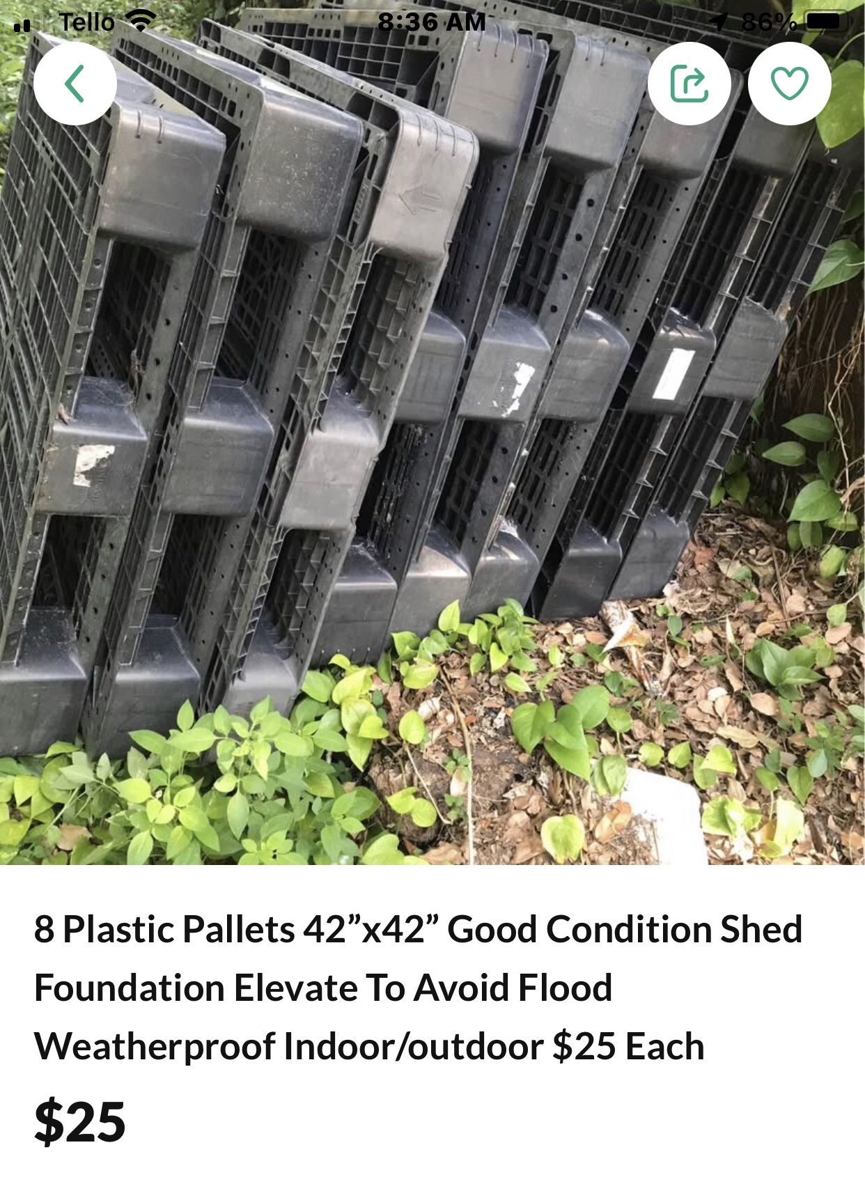 8 Plastic Pallets 42”x42” Good Condition Shed Foundation Elevate To Avoid Flood Weatherproof Indoor/outdoor $25 Each