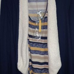 Plus Size Very Light Denim Look  Cardigan And Shell Duo W Necklace