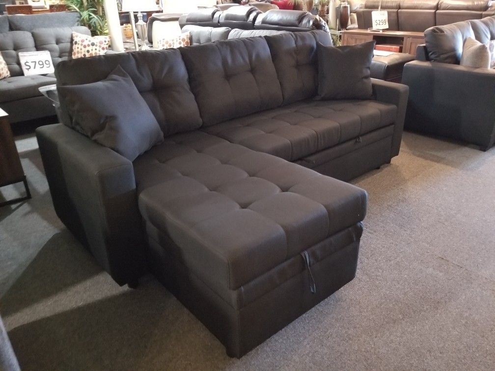 Brand New 91" x 57" Black Or Gray Reversible Sectional With Pullout Bed And Storage Chaise