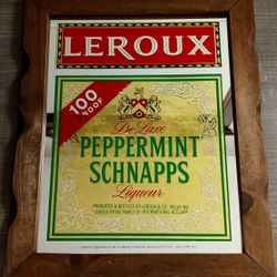 Vintage Leroux Peppermint Schnapps Liqueur Bar Mirror with Wood Frame