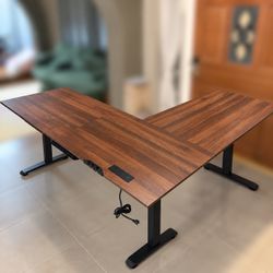 Large 75 x 61 Inch L Shaped Electric Standing Corner computer Desk with Powerstrip, Dark Walnut Outlets, Cable Management, Corner Desk, Ample Workspac