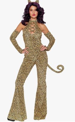 Wild Cat Costume Sexy Full Body Suit Size Large 4 Piece Set  NEVER WORN  Fabric type Printed Velour: 93% Polyester, 7% Spandex Velvet flare leg jumpsu