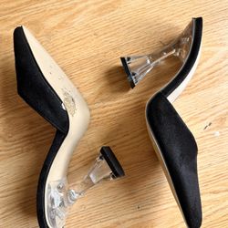 Black Suede Mules - Clear Architectural Heel - Size 7