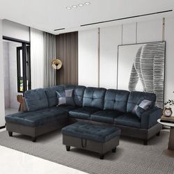 navy blue faux leather sectional couches householdliving room footstool collection furnishings for sale