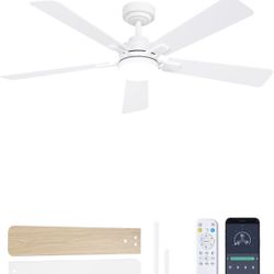 52 Inch Ceiling Fan with Lights and Remote, Downrod Mount, Sloped Ceiling Compatible up to 15°, Quiet Reversible DC Motor, 3CCT Dimmable LED, White Ce