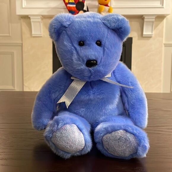 Vintage TY Beanie Buddy Bear "Clubby 2" 1999 Blue Bear with Silver Bow EUC 14”