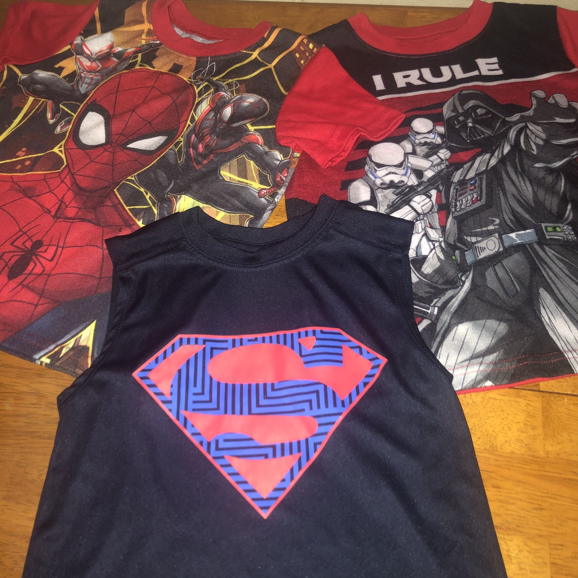 Kids size 4/5 Superman, Spider-Man, and Star Wars Darth Vader tops