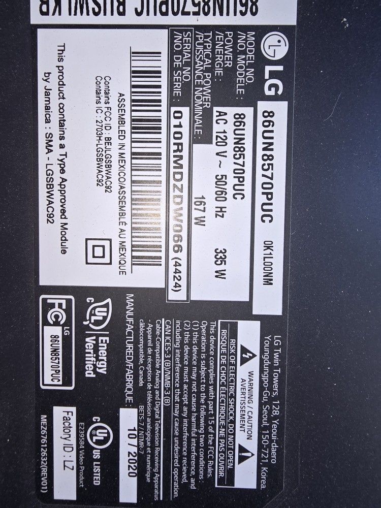 86 Inch LG 120hz Clear Motion 4k & Bose Sound Touch 300 Sound Bar Only
