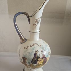 Vintage White Satin Glass Handpainted Ewer Blue Handle