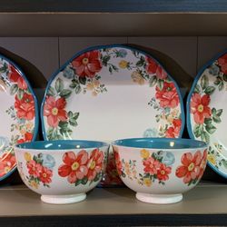 3 Pioneer Woman Dinner Plate 10.25"D Vintage Floral Teal Scalloped Edge With 2 Bowls