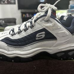 SKECHERS Sport SN 50299 White Navy Leather Low Top Men's Athletic Sneaker