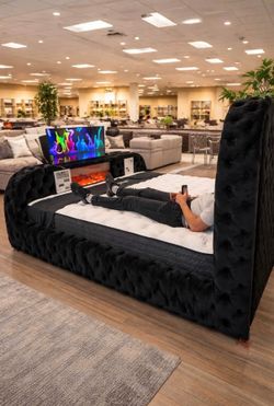 😴 NUEVA!! Cama Con Chimenea LED y Lift De Televisión EN CAJA 📦