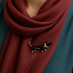 Vintage 1950s Enamel Black Dachshund Rhinestone Brooch, 1.75x1”