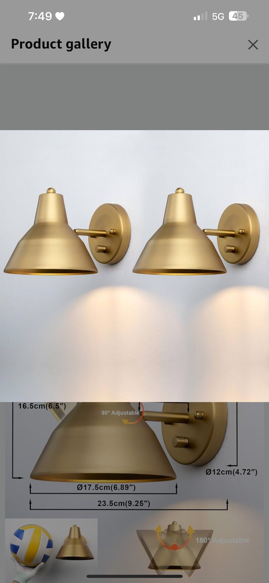 Yosoan Set of 2 Indoor Reading Wall Sconce with On Off Switch, Hardwired Brass Vintage Industrial Wall Mount Metal Fixture Lamp with 6.89" Bowl Antiqu