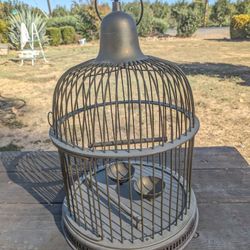 Vintage 18" Brass Birdcage with Feeding Bowls Perch and Decorative Base