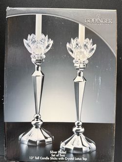 Godinger Silver Art Co. 13" Silver Plated Candle Sticks with Crystal Lotus Top - Set of Two