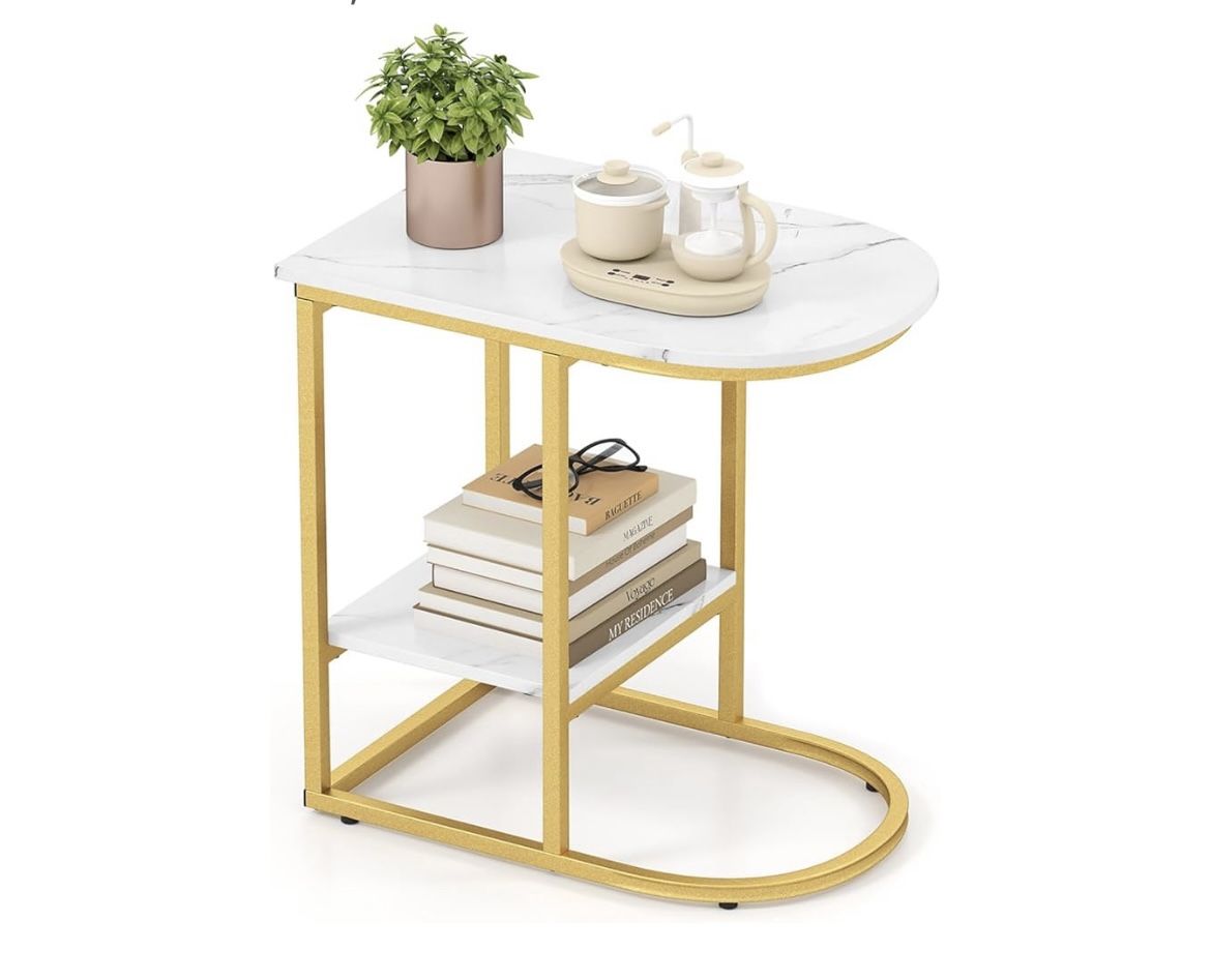 Assembled New C Shaped End Table, Modern Sofa Side Table with Faux Marble Tabletop & Storage Shelf