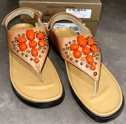 🌸Donald J. Pliner Tan Leather Thong Sandals with Bright Orange Gem Accents
