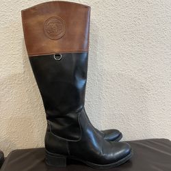 Etienne Aigner Women’s 8 Chastity Two-Tone Riding Tall Boot Black Brown Vegan