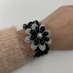 Lia Sophia 3-layer black beaded bracelet with silver rhinestone flower