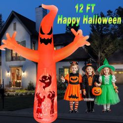 12 FT Halloween Inflatable Ghost with Color-Changing Fire LED Lights – Spooky Outdoor Yard Decoration for Halloween, Inflatable Ghost Decor for Garden